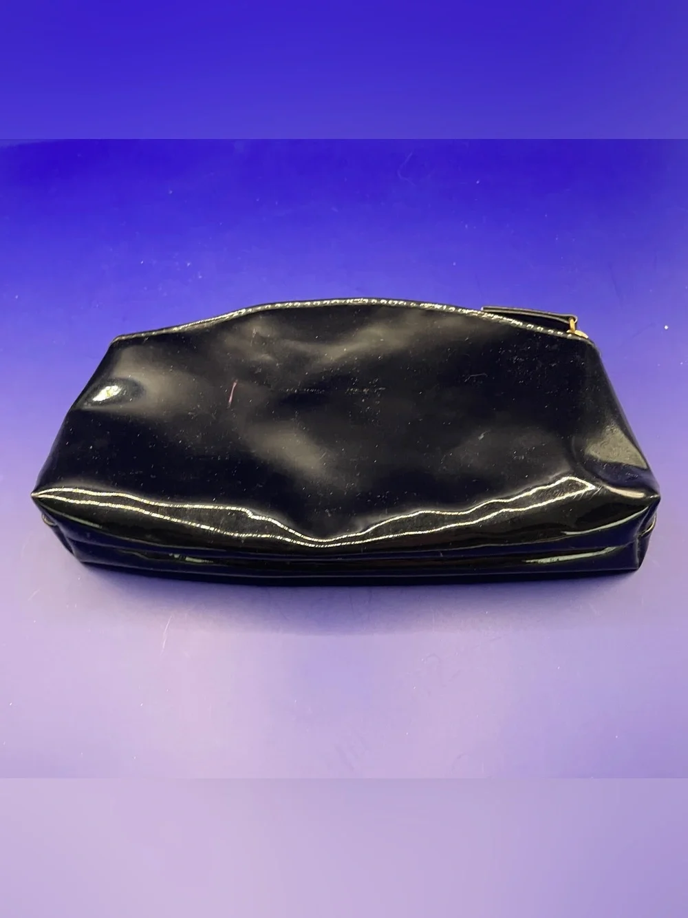 Vintage Glossy Black Patent Leather Cosmetic Bag Gold Zipper Small